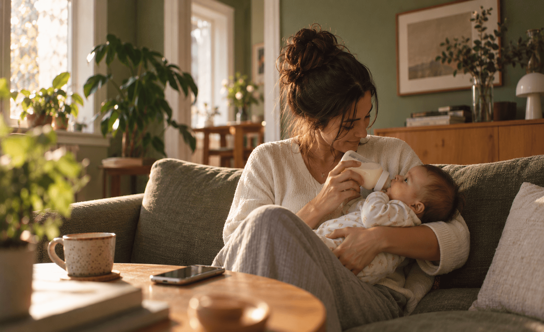 A parent bottle-feeding a baby at home, with a phone on the table.